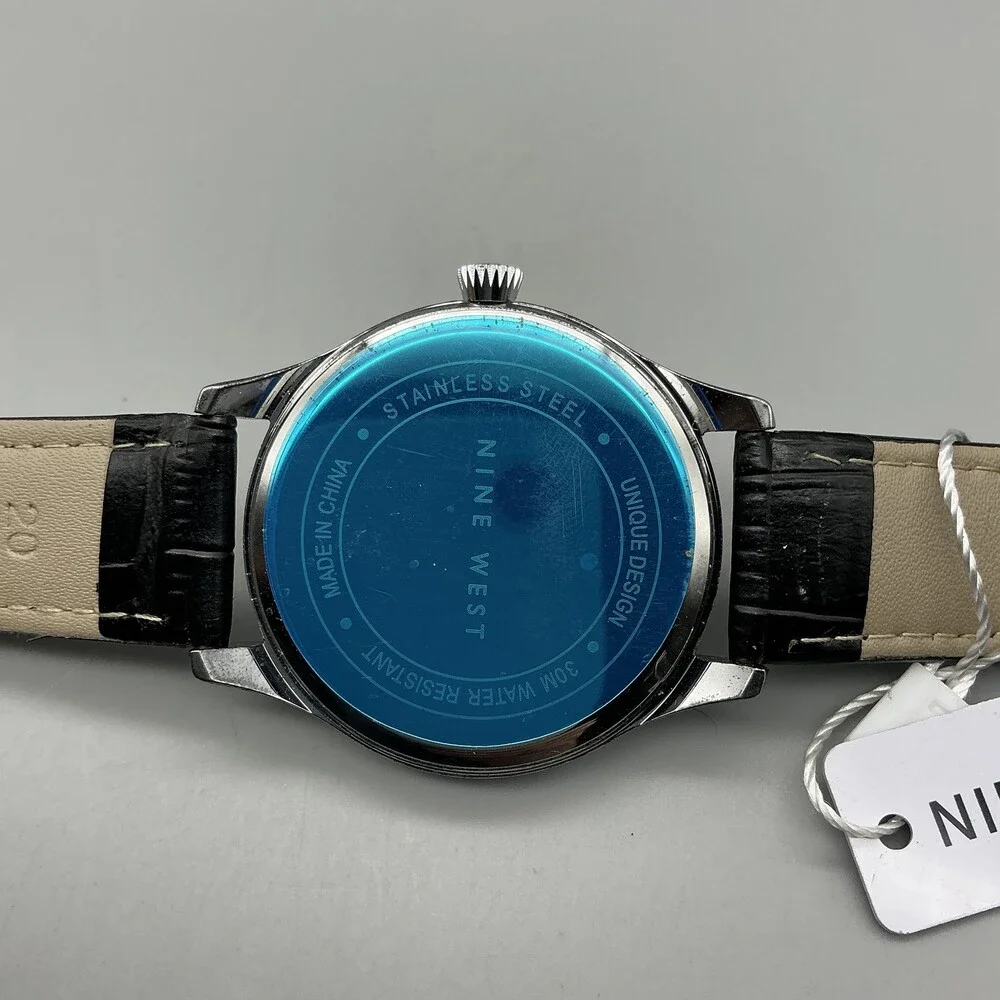 Nine West Womens Watch 42mm Silver Tone Black Dial Black Leather NWW2201W